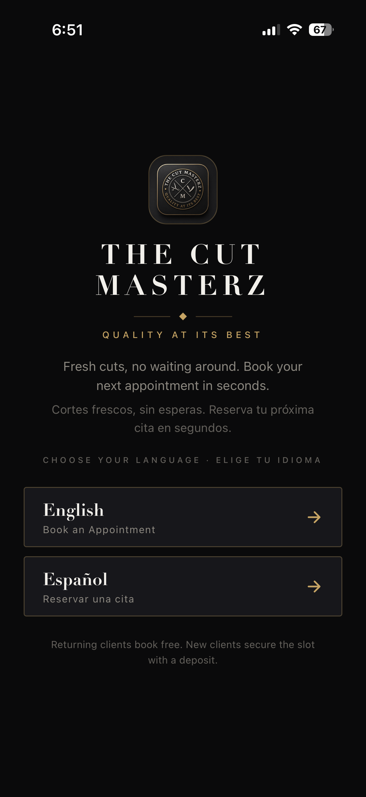 The Cut Masterz app home screen, showing the shop's logo and wordmark and the choice of English or Spanish.