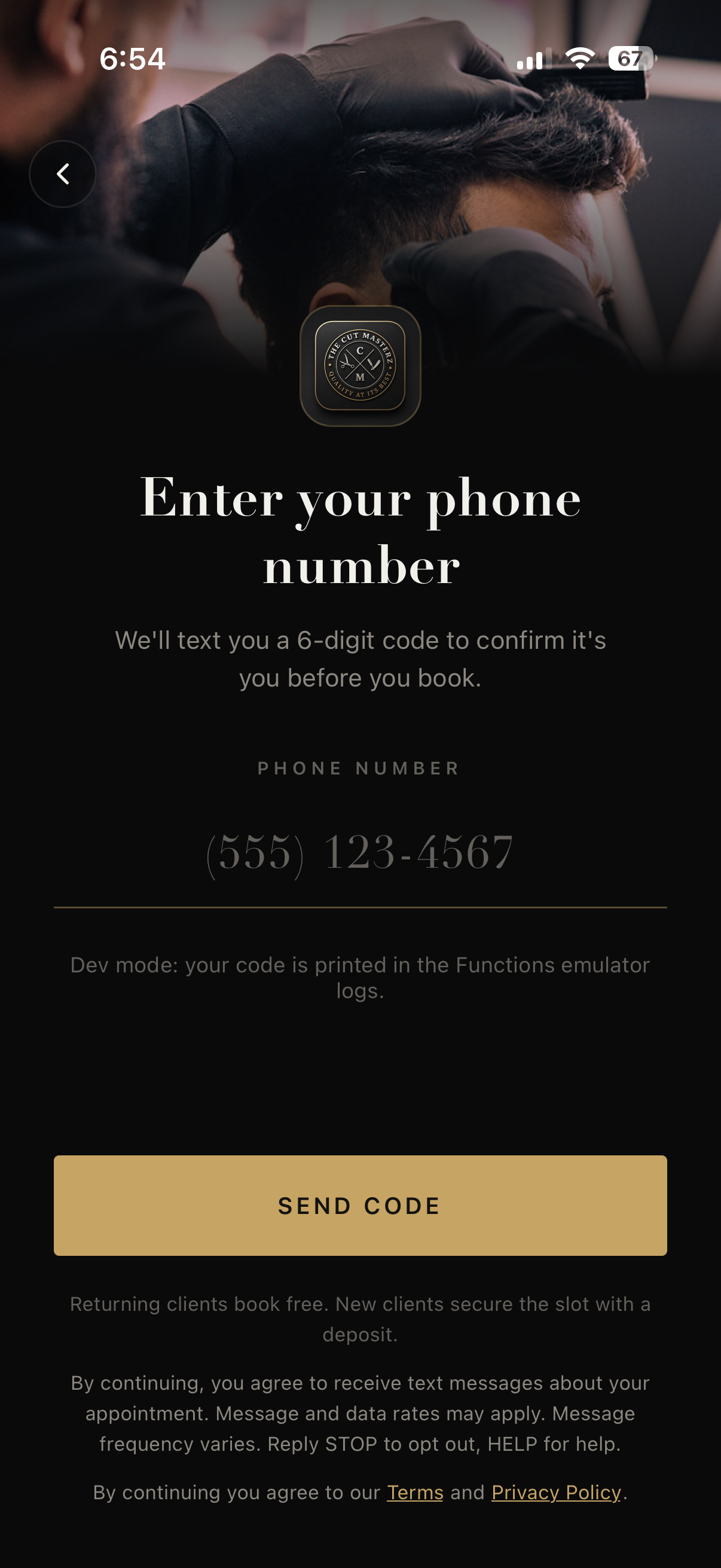 The app's phone number screen, showing the number field, the Send code button, the SMS consent disclosure, and links to the Terms and Privacy Policy.