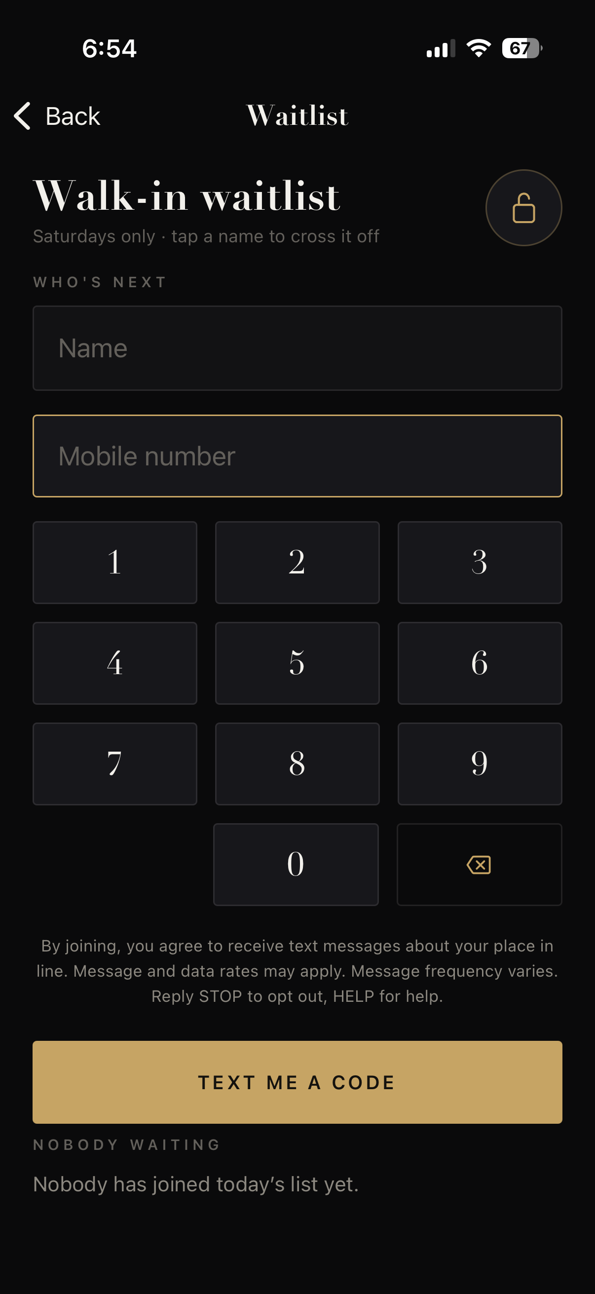 The in-shop walk-in waitlist screen, showing name and mobile number fields, the SMS consent disclosure, and the Text me a code button.